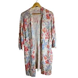 J. Jill Floral Print Linen Blend 3/4 Sleeve Open Long Cardigan Sweater Size XL